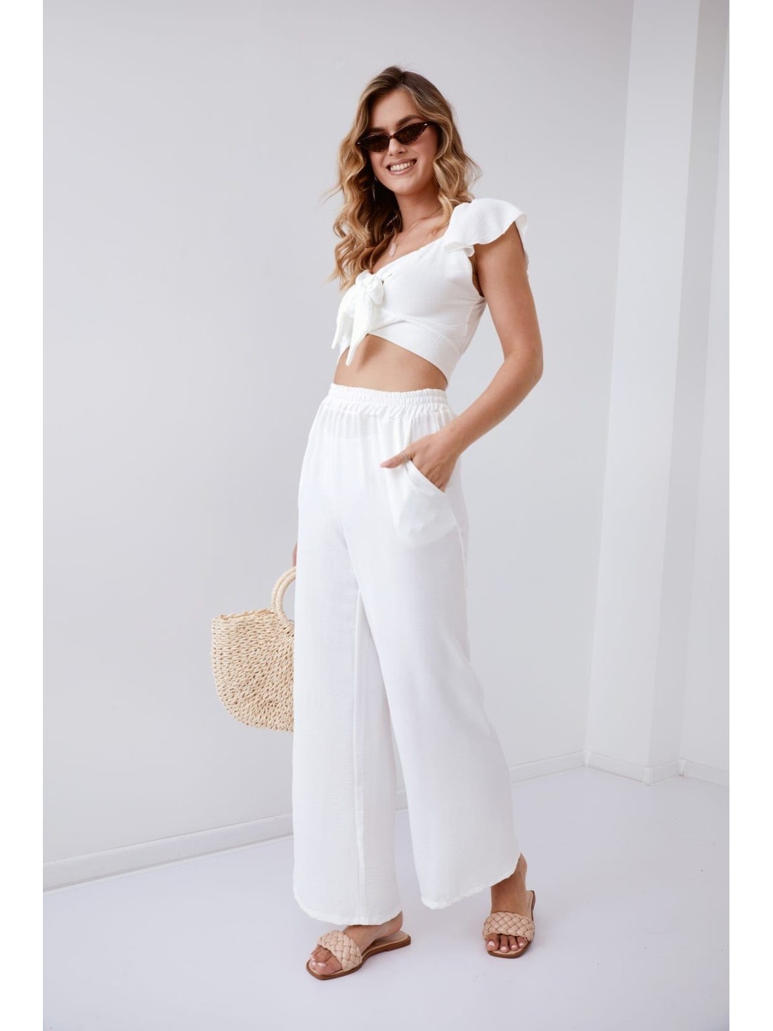 Set crop top Ekri cu pantaloni largi 8108 - Magazin online - Boutique